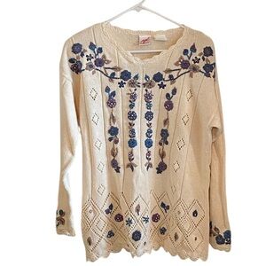Vintage 90s cream blue purple floral embroidered sweater Cottagecore grandmacore